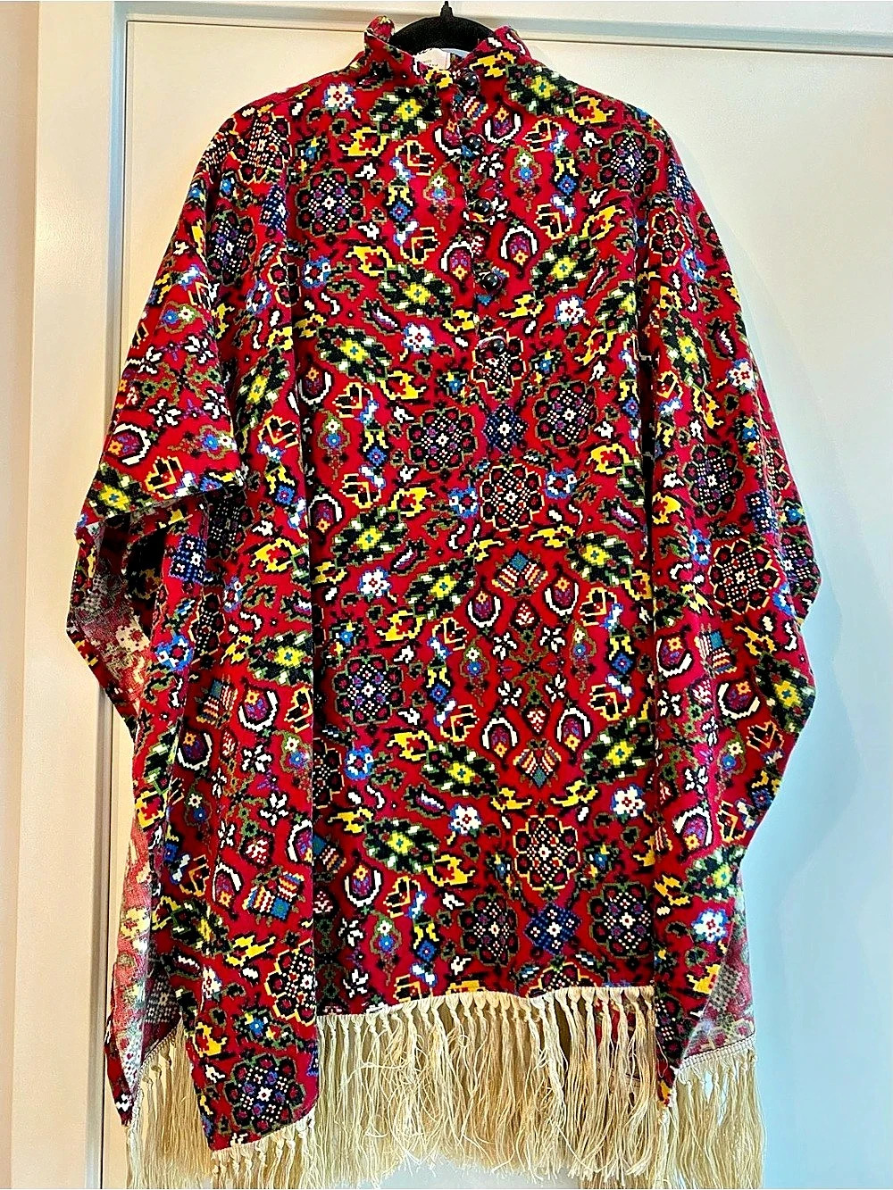 Vintage Red Velvet Geometric Fringe Poncho